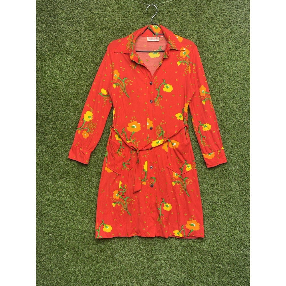 Vintage 1970s Leslie J Dress Womens Small Pointed Collar Tie Waist Belt Retro